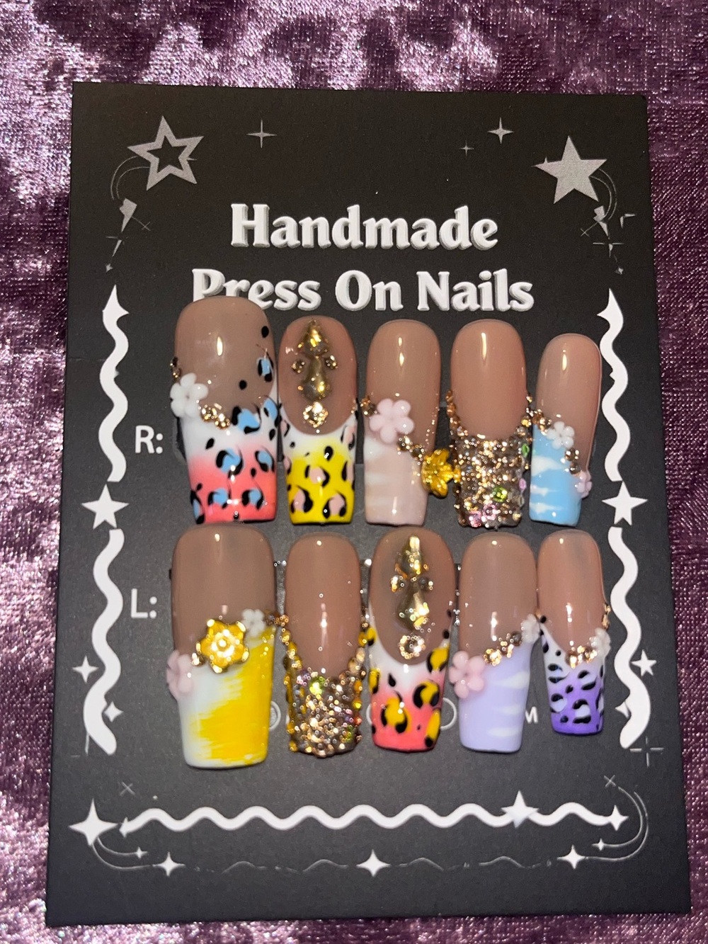 Handmade Kids Press-On Nails - Multi Color Animal & Glitter Set